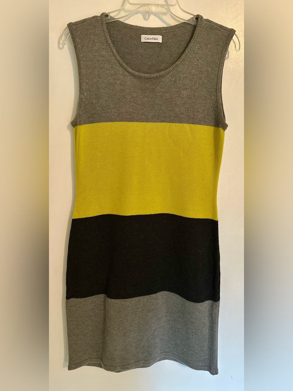 Calvin Klein Gray, Yellow & Black Sleeveless Crewneck Colorblock Dress